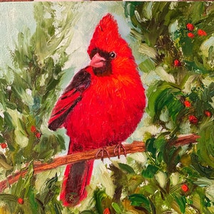 Northern Cardinal bird, original oil painting, small painting 5x5, collectible art, home decor, painting on panel, fine art, gift idea