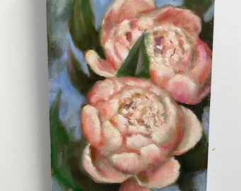 Pioenrozen olieverfschilderij Origineel schilderij Bloeiende bloem Klein formaat foto Huisdecoratie paneel schilderij kunstwerk cadeau idee