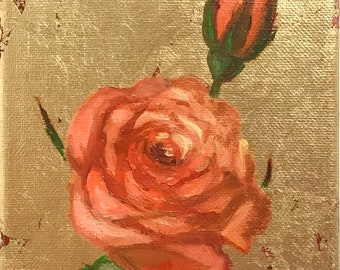 pink orange rose on golden leaf, small original oil painting, original artwork, gift idea, unique art, home decor, antique look