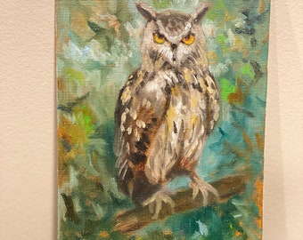 pintura de coruja, pintura a óleo original, arte animal, feita à mão, arte de presente, galeria de arte, decoração de casa arte de coruja, decoração infantil pequena arte de pintura para venda