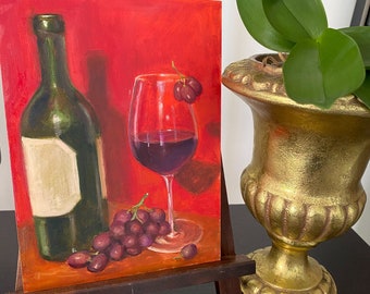 Red wine glass painting, original oil painting, kitchen decor, tuscan wine, still life, gallery art sale, grape art