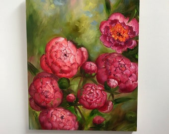 Pintura de peonía, Flores rosas, Pintura al óleo original, arte moderno, flores rosas, obras de arte de peonía, decoración contemporánea, idea de regalo perfecta