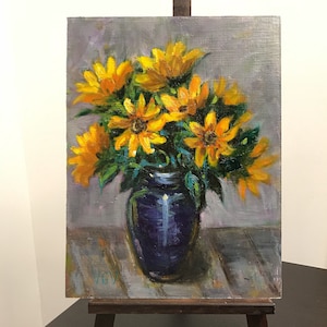 Sunflower Original Oil Painting Bunch of yellow  Flowers in Blue Glass Vase Still Life Small Size Picture Wall Decoration Painting on Board