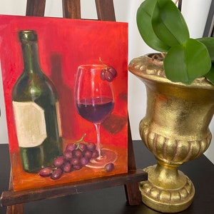 Red wine glass painting, original oil painting, kitchen decor, tuscan wine, still life, gallery art sale, grape art
