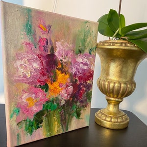 impasto abstract floral small painting, original oil painting, peonies oil painting, canvas wall decor gift idea, contemporary flower decor,