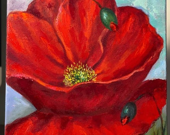 オリジナルの赤いポピーの油絵、花の静物画、8x8キャンバスアート