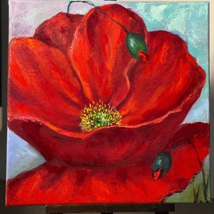 red flower, original oil painting on canvas, red poppy flower, medium size painting, red poppy wall art, flower painting,12&quot;x12&quot;, home decor