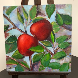 Pintura a óleo de maçãs vermelhas, frutas em uma árvore, imagem de tamanho pequeno, decoração de parede, pintura em tela, arte original, ideia de presente perfeito