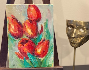 赤いチューリップの油絵オリジナル絵画、厚塗りの小さなアートワーク