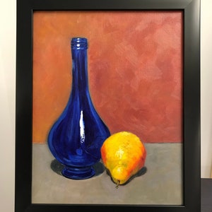 still life Blue Vase, yellow pear, original oil painting, Modern Wall Decor, Painting on Canvas, still life art, gallery artwork