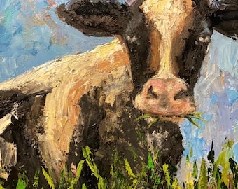 Cow painting, original oil painting, gift idea, farmhouse artwork, animal painting, impasto art, calf painting, cow artwork, impasto art