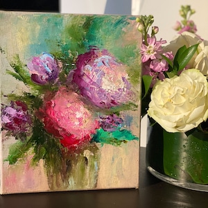 peony impasto abstract small painting8x10, original oil painting, peonies oil painting, small painting, gift idea, contemporary wall decor,