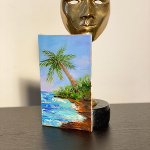 Hawaiian seascape original oil painting, Hawaii  beach painting, palm tree painting, fine art, gift idea, small art 3x5 impasto colorful art