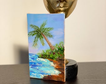 ハワイの海景オリジナル油絵、ハワイのビーチの絵、ヤシの木の絵、美術品、ギフトのアイデア、小さなアート 3x5 厚塗りのカラフルなアート