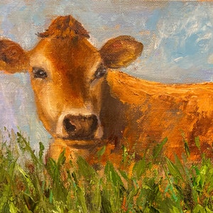 Cow painting art, original oil painting, perfect gift idea, Farmhouse artwork, small painting, collectible gallery art, animal art, cow art