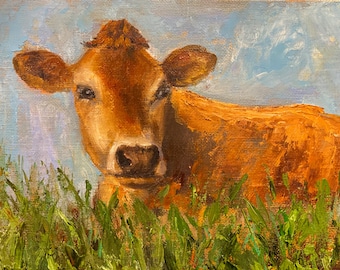 Cow painting art, original oil painting, perfect gift idea, Farmhouse artwork, small painting, collectible gallery art, animal art, cow art