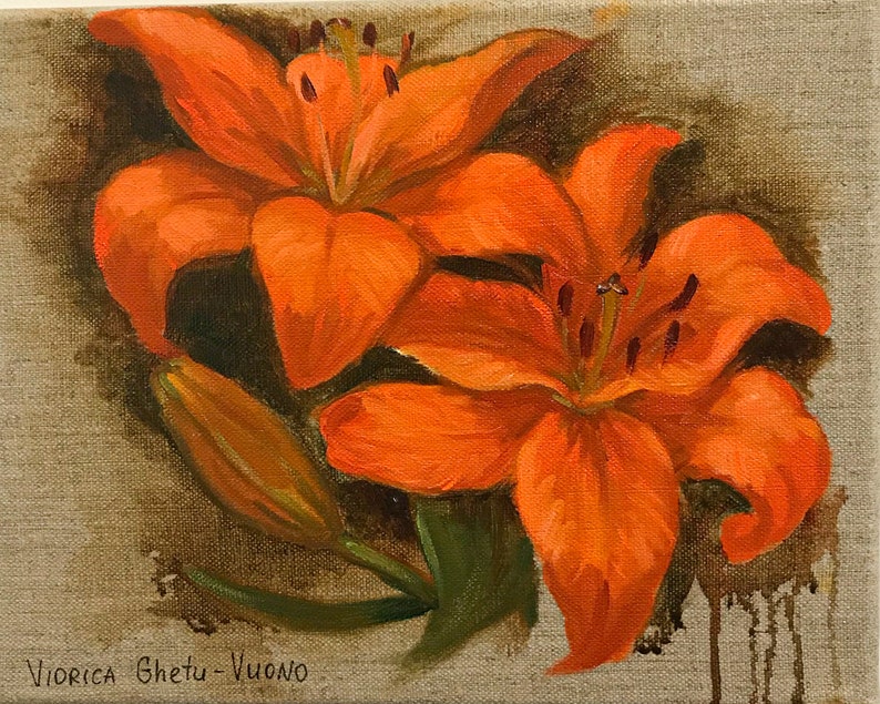 medium size home decor Orange Lily Original Oil Painting collectible art flowers on canvas abstract floral painting