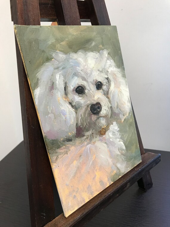 白い犬の絵 小さな絵 5x7 オリジナル油絵 ペットの肖像画 かわいい犬