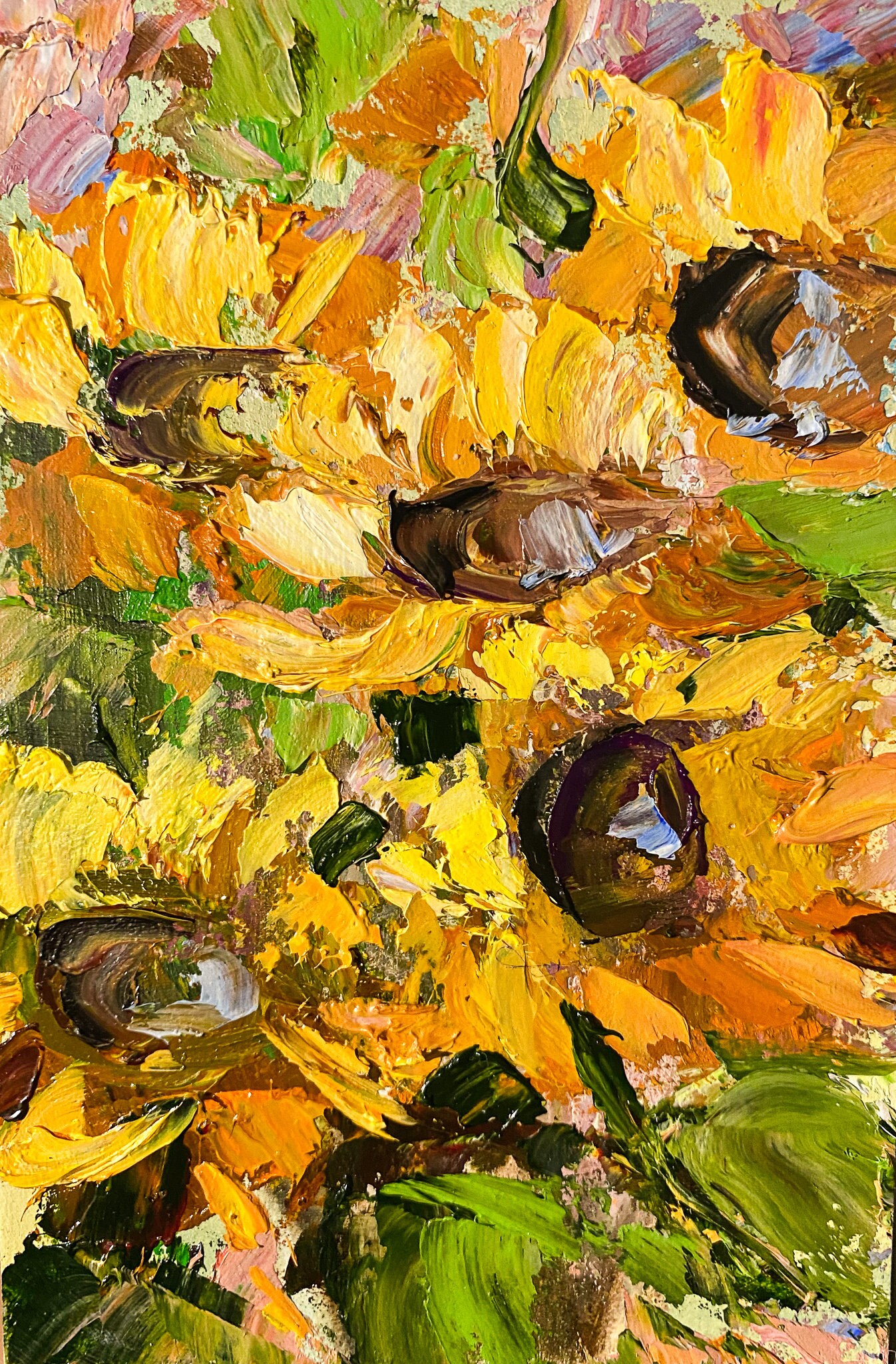 ひまわりのオリジナル油絵、黄色い花、小さな絵画 6x4、花のアート