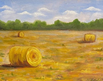Hay Bales Oil Painting original art on canvas panel small painting wall decor landscape art