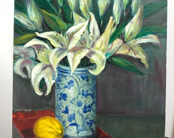 Oil Painting White Lilies Lemon Flowers in Vase Bouquet Still Life Wall Decoration Canvas Painting Original Artwork Perfect Gift Idea