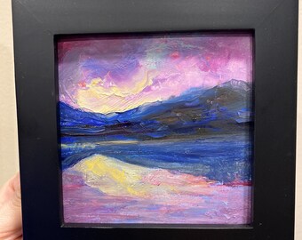 抽象的な風景画 オリジナル油絵 小さな絵画 4x4 紫の空 母の日ギフト