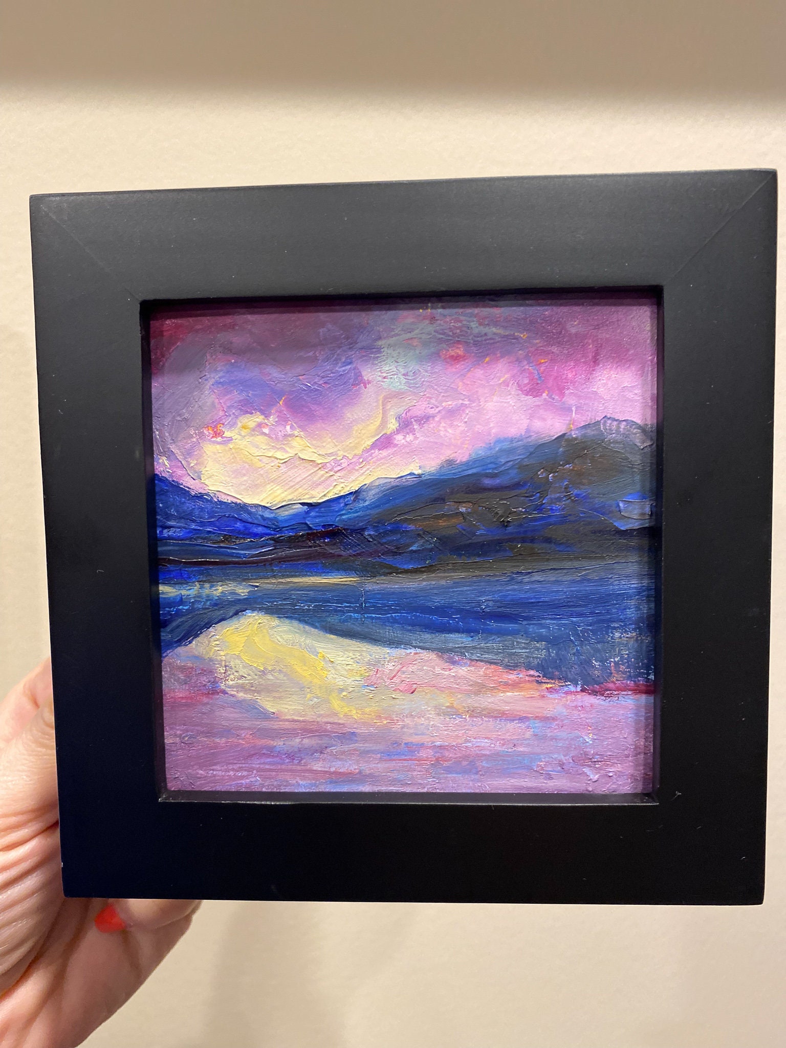 抽象的な風景画 オリジナル油絵 小さな絵画 4x4 紫の空 母の日ギフト