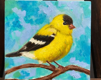 American GoldFinch Bird painting, small painting4x4 yellow bird art, original oil painting, 4"x4", collectible art, animal painting gift art