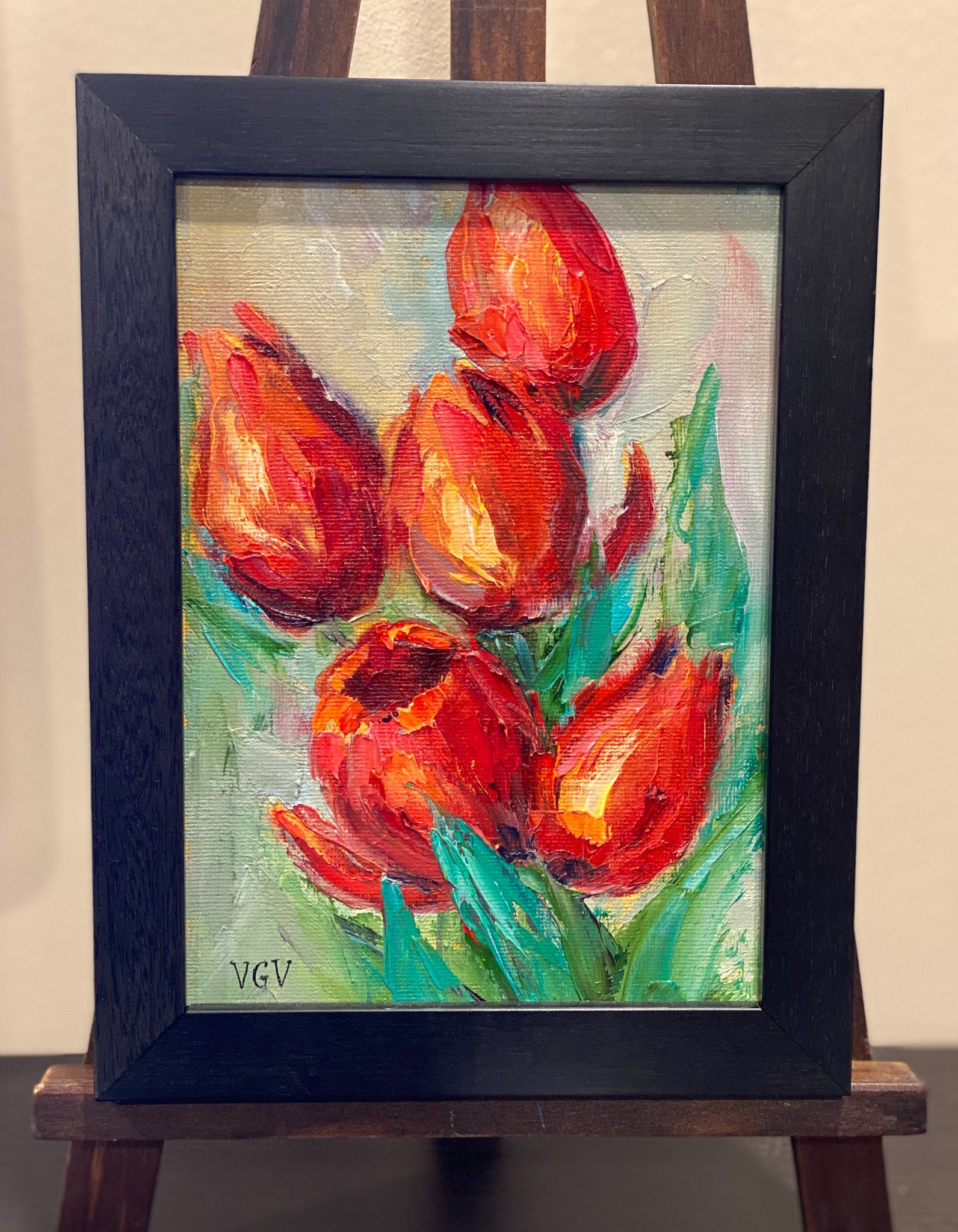 油絵 赤いチューリップ 赤いチューリップの油絵オリジナル絵画、厚塗りの小さなアートワーク