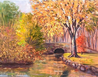 風景秋の絵画、秋の風景湖池の絵画、カラフルなアート 12"x16" キャンバス オリジナル油絵 ホームデコレーション、アート、ギフトアイデア