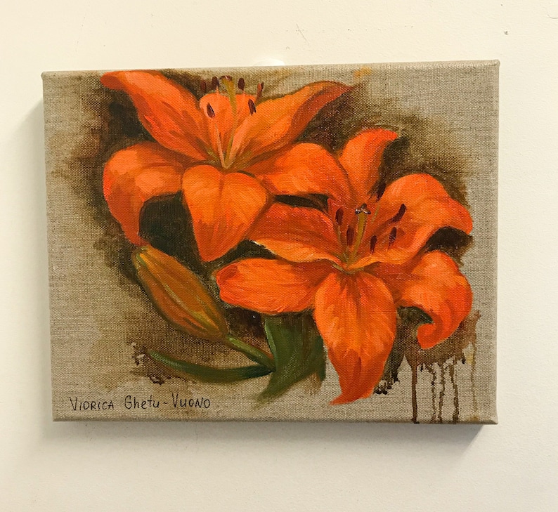 medium size home decor Orange Lily Original Oil Painting collectible art flowers on canvas abstract floral painting