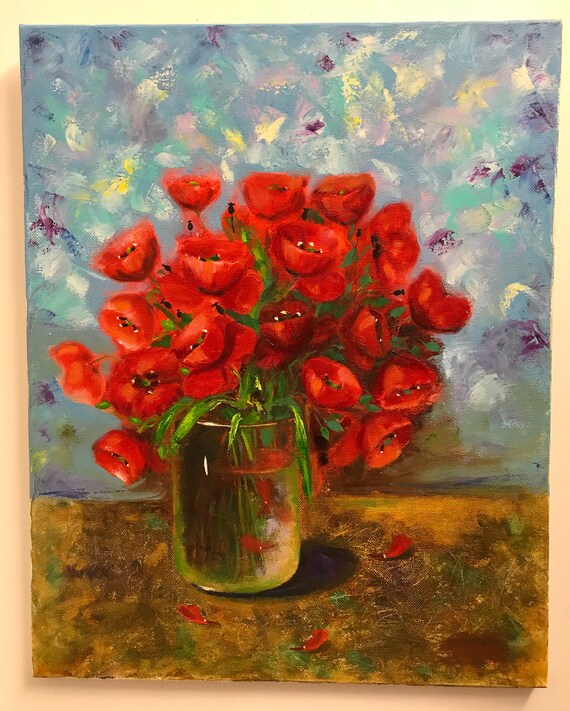 Oil Painting Red Poppies Glass Vase Bunch Of Flowers Still Etsy Oil Painting Red Poppies Glass Vase Bunch Of Flowers Still Etsy