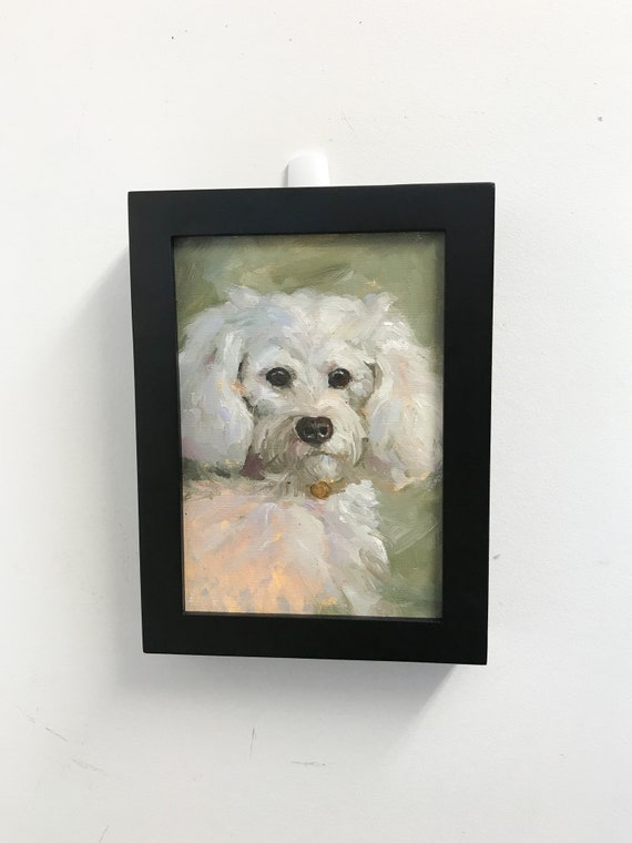 白い犬の絵 小さな絵 5x7 オリジナル油絵 ペットの肖像画 かわいい犬