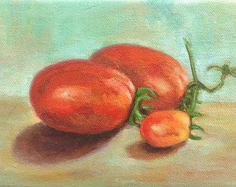 オリジナル絵画 赤いトマト 油絵、小さな静物画 キッチンアート、5x7