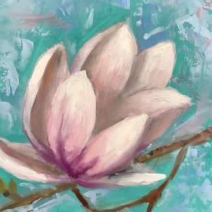 May include: A single pink magnolia flower with a light purple center, painted in a realistic style against a turquoise background with white and light blue brushstrokes.