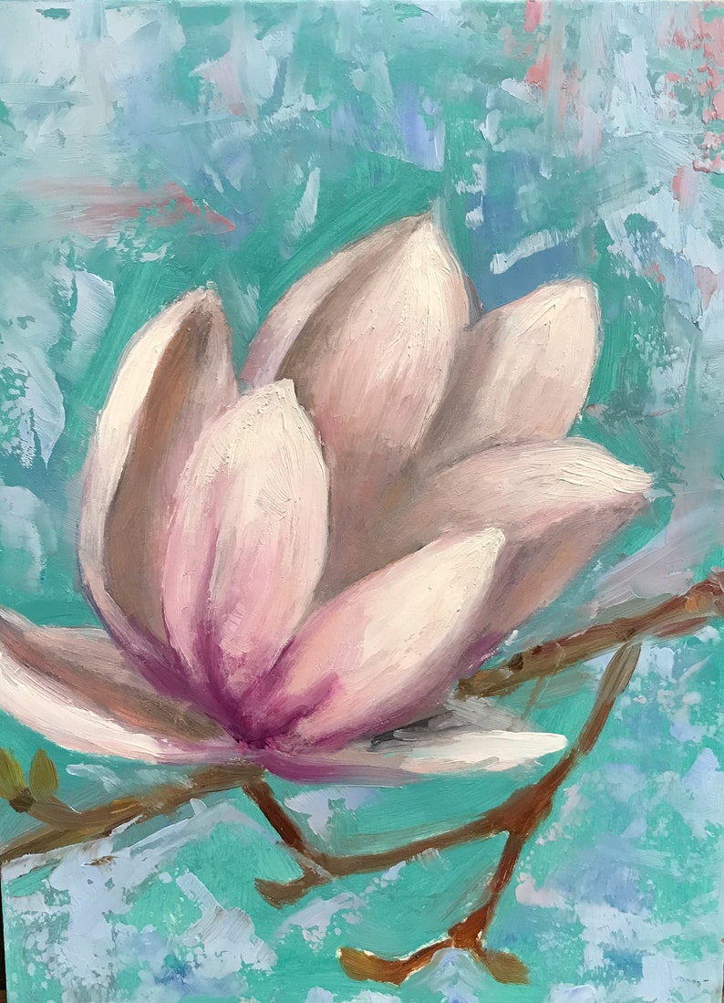 May include: A single pink magnolia flower with a light purple center, painted in a realistic style against a turquoise background with white and light blue brushstrokes.
