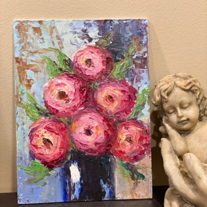 abstracto impasto flores rosas peonía original pintura al óleo pintura pequeña 6x8 decoración de pared moderna galería de arte regalo Día de la Madre
