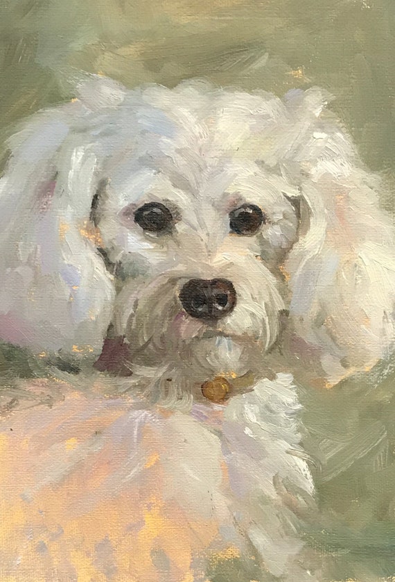 白い犬の絵 小さな絵 5x7 オリジナル油絵 ペットの肖像画 かわいい犬