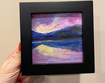 抽象的な風景画 オリジナル油絵 小さな絵画 4x4 紫の空 母の日ギフト