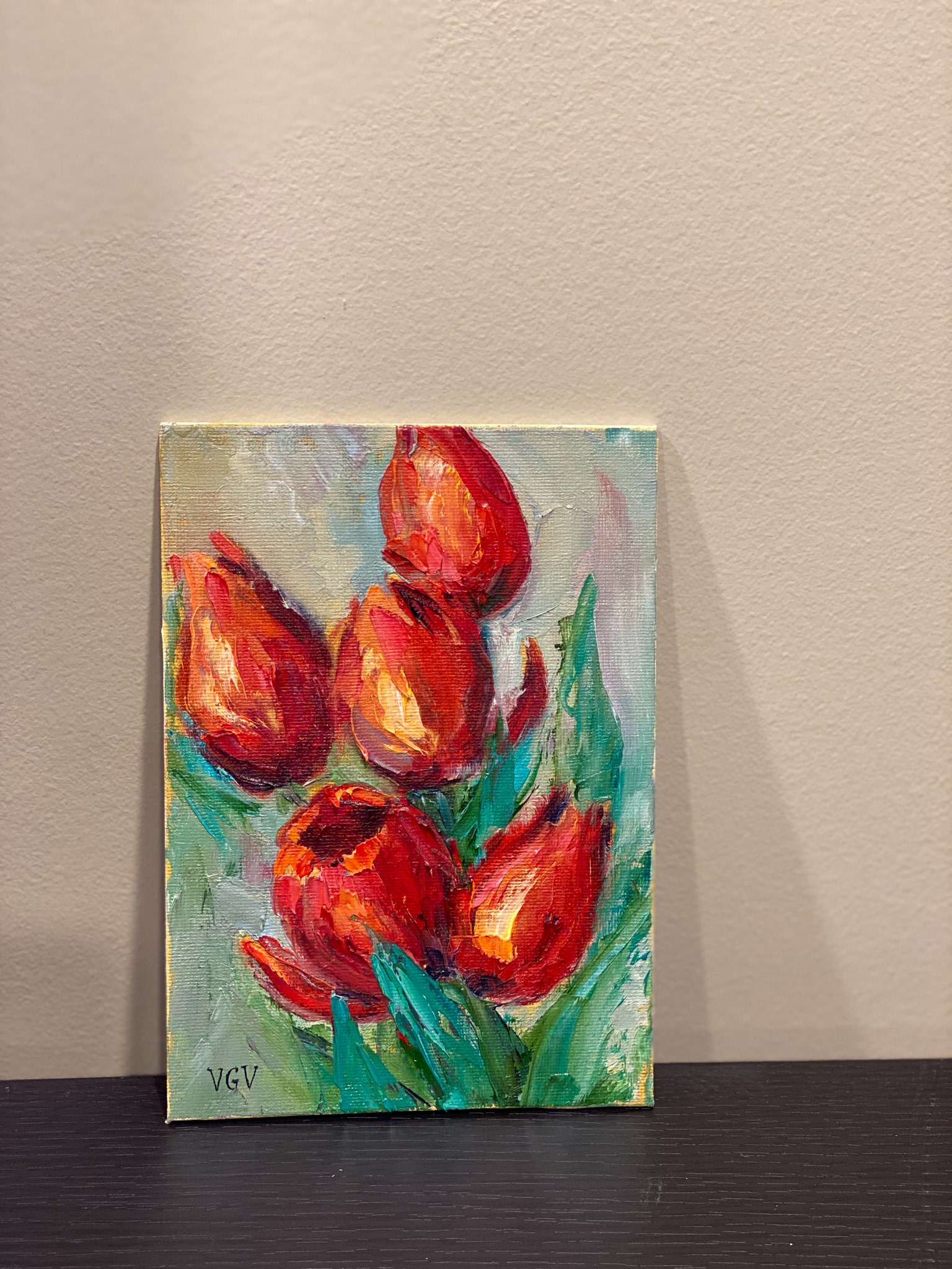 油絵 赤いチューリップ 赤いチューリップの油絵オリジナル絵画、厚塗りの小さなアートワーク