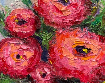 abstract impasto pink flowers peony original oil painting small painting 7x5 modern wall decor collectible art gallery art art for sale