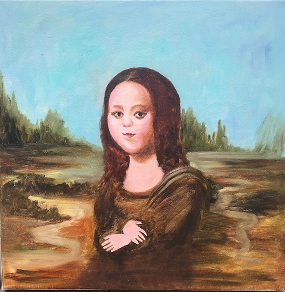 Mona Lisa Art Kid Oil Painting Cute Girl Cartoon Style Original