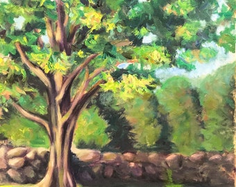 landscape painting, original oil painting, painting on canvas, green landscape impressionist painting, old tree art