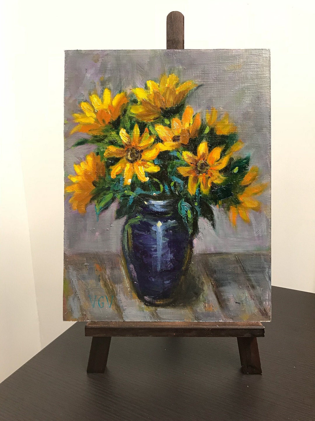 Sunflower Original Oil Painting Bunch of Yellow Flowers in Blue Glass ...
