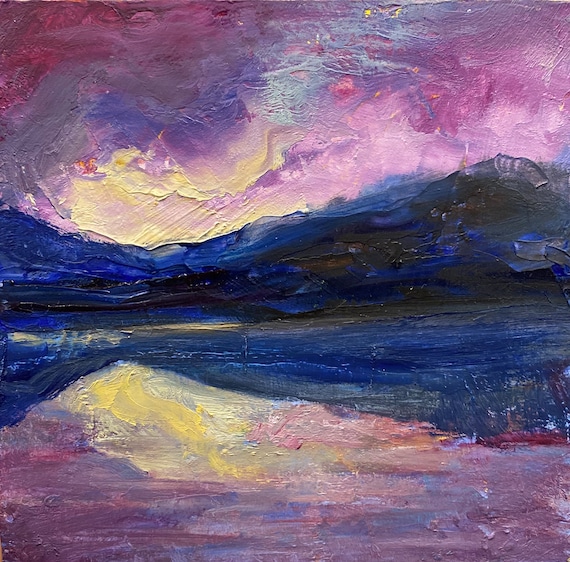 抽象的な風景画 オリジナル油絵 小さな絵画 4x4 紫の空 母の日ギフト