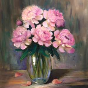 Pink Peonies painting in Glass Vase original oil painting  Bouquet Bunch of Flowers Still Life Wall Decoration Canvas Painting Gift Idea