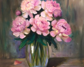 Pink Peonies painting in Glass Vase original oil painting  Bouquet Bunch of Flowers Still Life Wall Decoration Canvas Painting Gift Idea