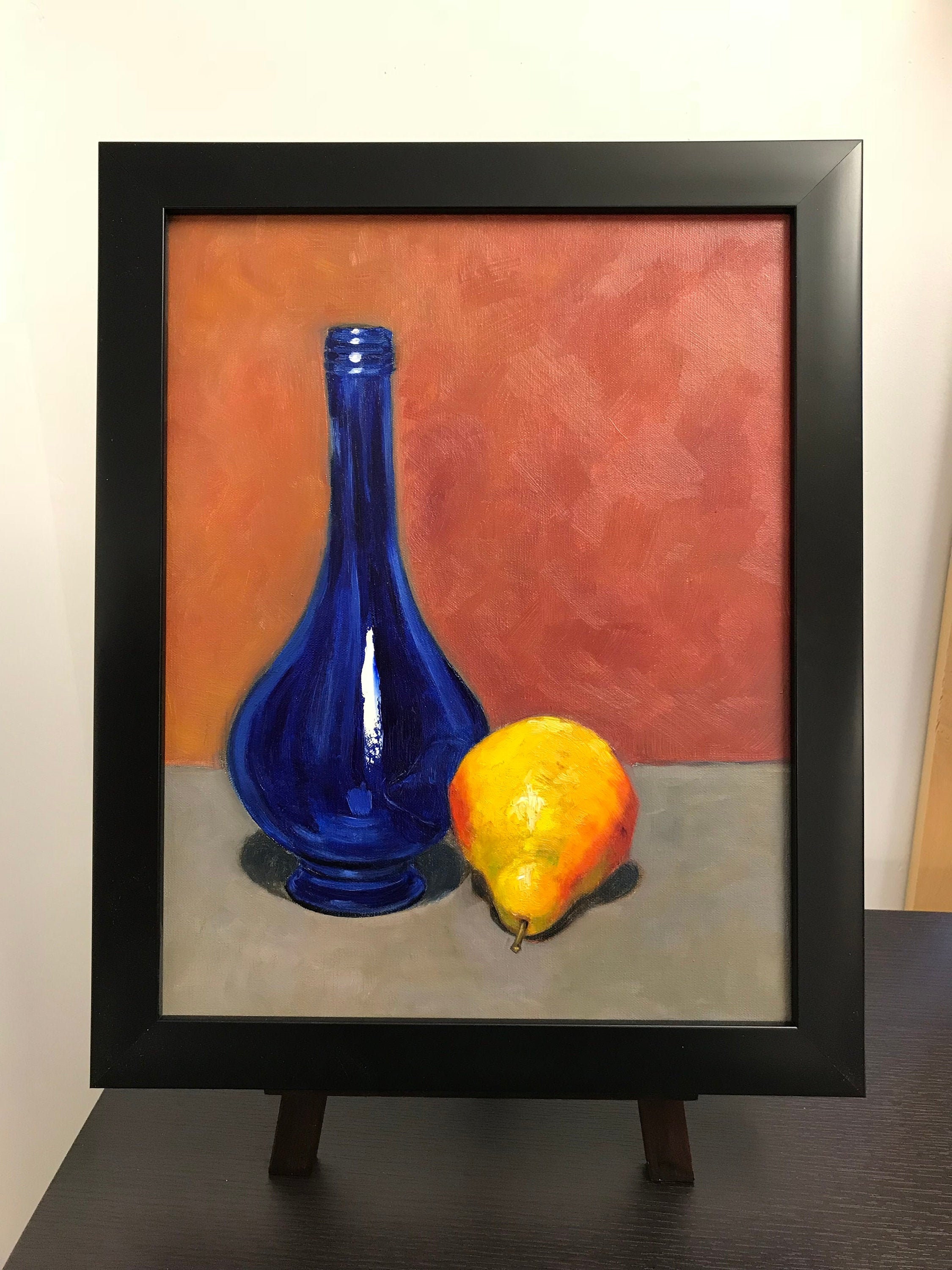 Still Life Blue Vase, Yellow Pear, Original Oil Painting Still Life Blue Vase, Yellow Pear, Original Oil Painting