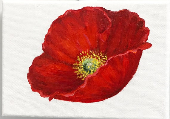 ポピーの花の絵画 オリジナル油絵 小さな絵画 5x7 キャンバス 赤い