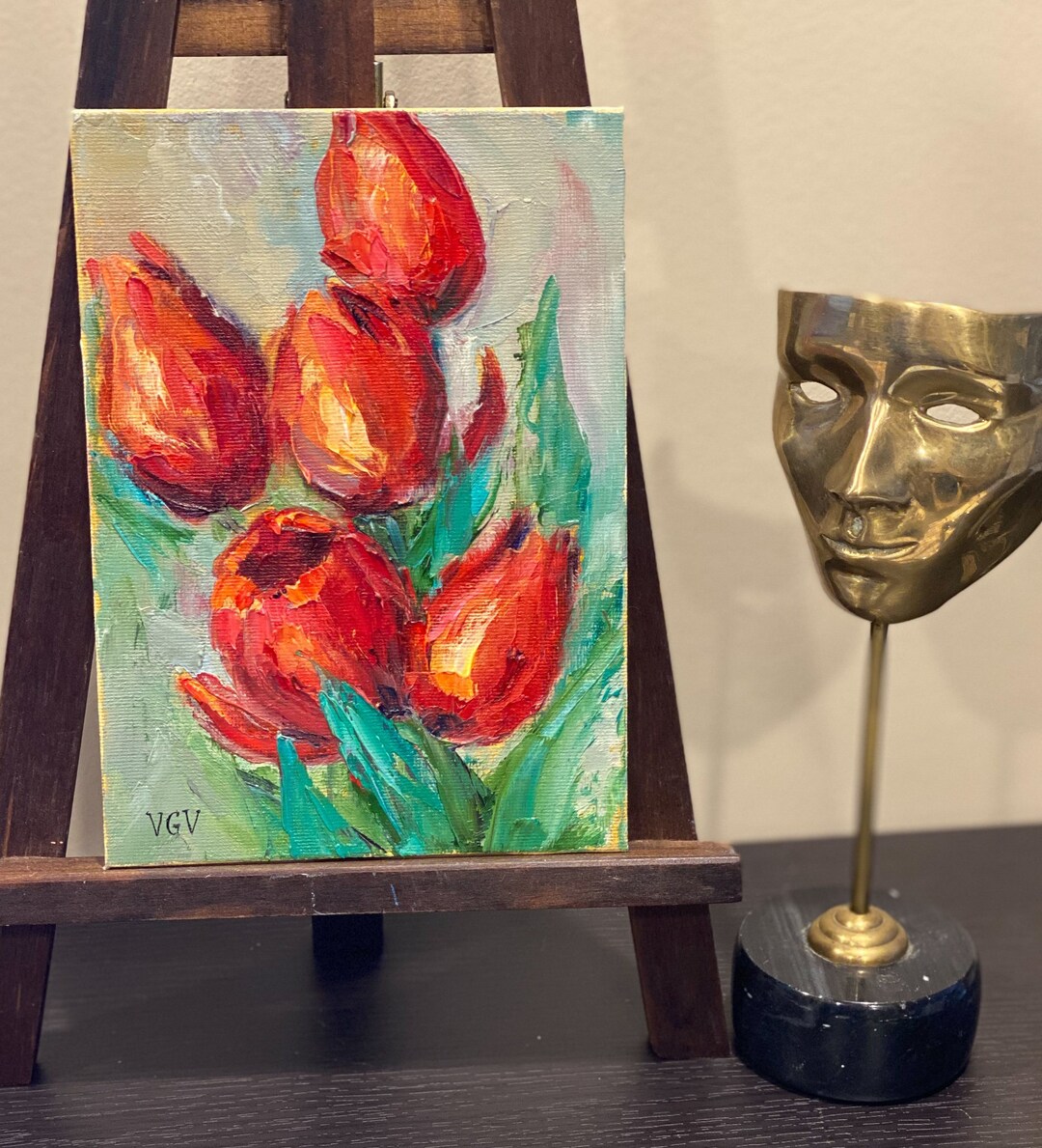 油絵 赤いチューリップ 赤いチューリップの油絵オリジナル絵画、厚塗りの小さなアートワーク